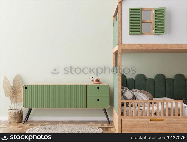 Empty light green wall in modern child room. Mock up interior in scandinavian style. Copy space for your picture or poster. Bed, sideboard, rattan basket. Cozy room for kids. 3D rendering. Empty light green wall in modern child room. Mock up interior in scandinavian style. Copy space for your picture or poster. Bed, sideboard, rattan basket. Cozy room for kids. 3D rendering.