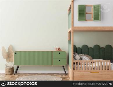 Empty light green wall in modern child room. Mock up interior in scandinavian style. Copy space for your picture or poster. Bed, sideboard, rattan basket. Cozy room for kids. 3D rendering. Empty light green wall in modern child room. Mock up interior in scandinavian style. Copy space for your picture or poster. Bed, sideboard, rattan basket. Cozy room for kids. 3D rendering.