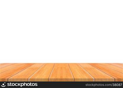 Empty light wooden board table top isolated on white background. Perspective brown wood table isolated on background - can be used mock up for display or montage your products or design visual layout.