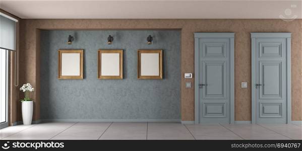Empty living room. Empty living room with closed doors and frame on wall - 3d rendering