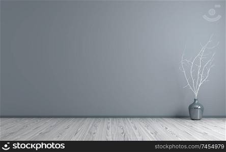 Empty living room interior background, blue vase with branch on the wooden floor 3d rendering