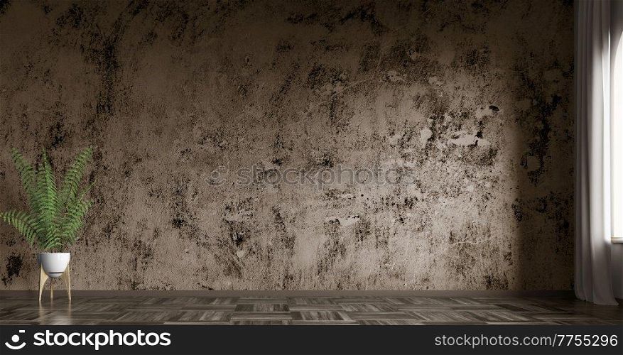 Empty living room interior background,  grunge brown concrete stucco wall, window. Wooden parquet floor, pot with plant 3d rendering