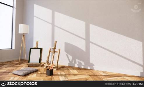 Empty - Living Room white brick wall Loft Style Interior Design. 3D Rendering