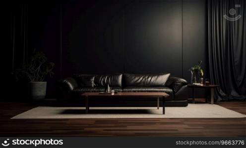 Empty living room with a dark couch.