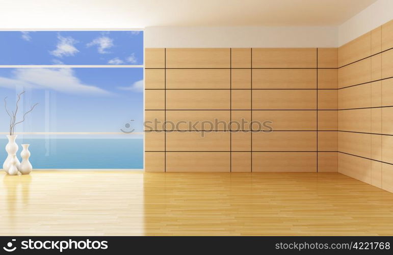 empty living room with wooden panels - rendering