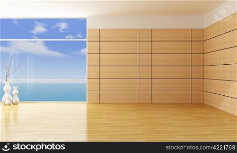 empty living room with wooden panels - rendering