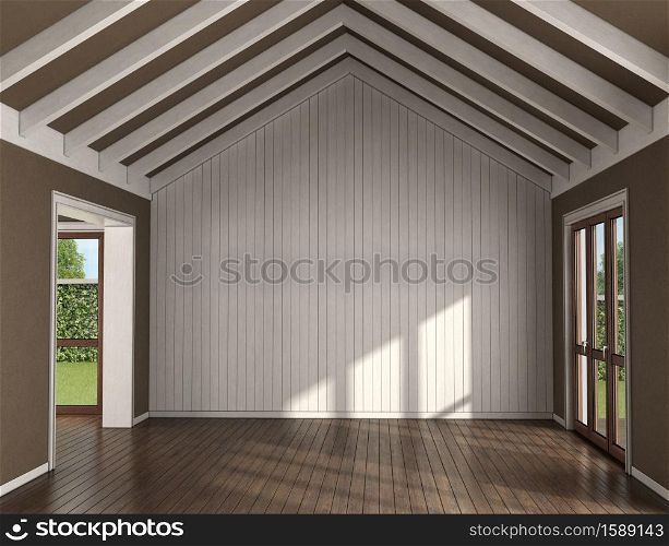 Empty living room with wooden wall on background , large windows and roof beams - 3d rendering. Empty living room with wooden wall on background