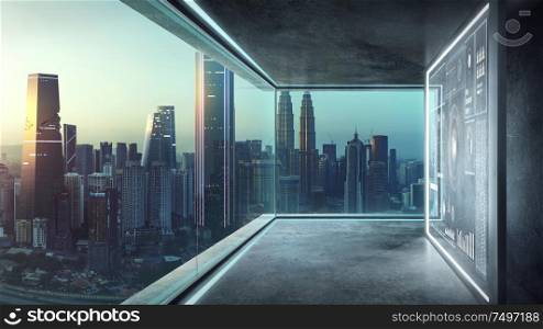 Empty loft contemporary interior office with virtual 3d holographic interface screens and modern cityscape from glass window .