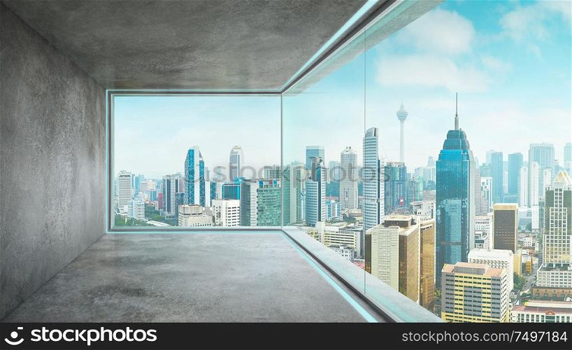 Empty loft unfurnished contemporary interior office with city skyline and buildings city from glass window .