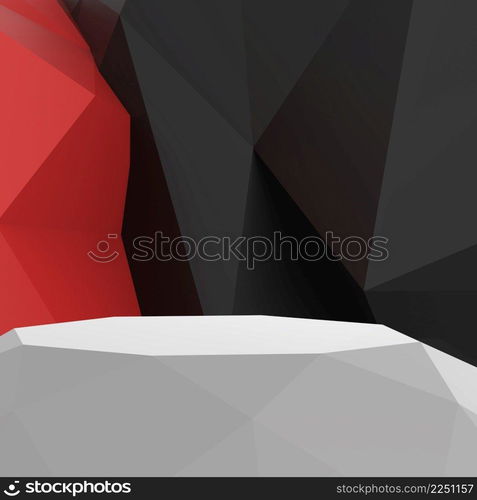 Empty low poly laminate shelf on laminate table and low poly geometric background