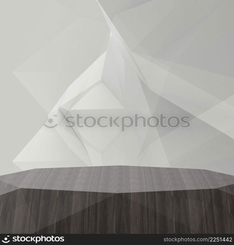 Empty low poly wooden shelf on laminate table and low poly geometric background