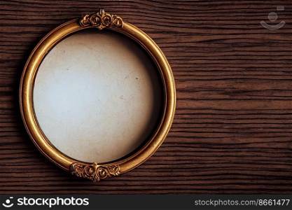 Empty luxurious circle frame on wooden table 3d illustrated