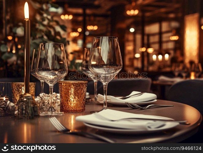 Empty luxury restaurant table waiting for their guestes.AI Generative.