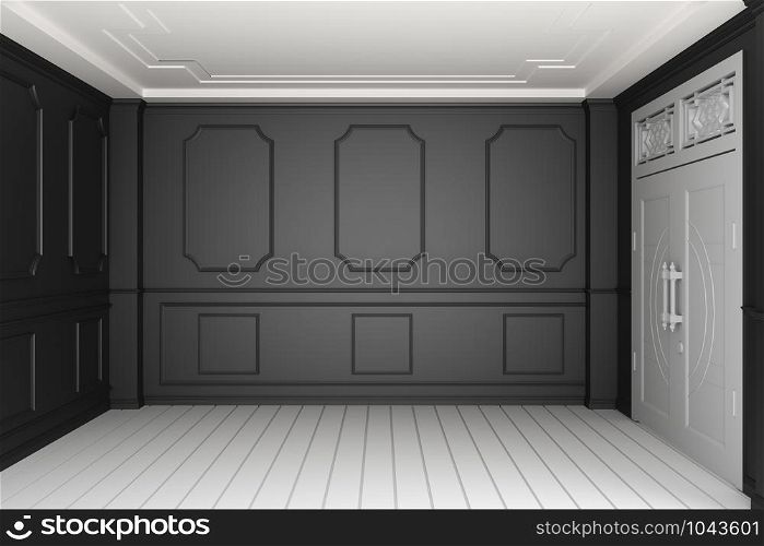 Empty luxury room interior with black wall on white wooden floor. 3D rendering
