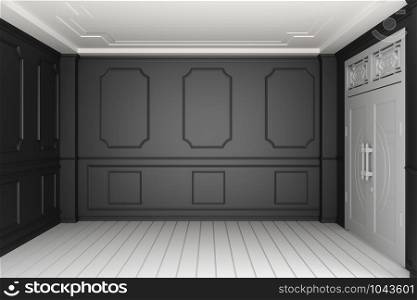 Empty luxury room interior with black wall on white wooden floor. 3D rendering
