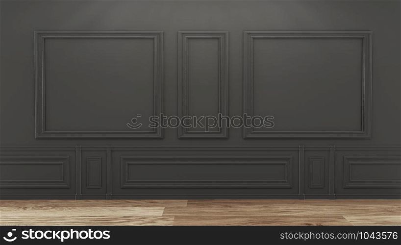 Empty luxury room interior with black wall on wooden floor. 3D rendering