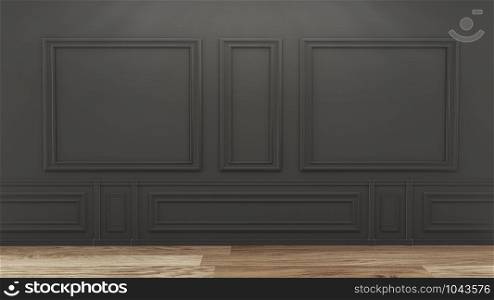 Empty luxury room interior with black wall on wooden floor. 3D rendering