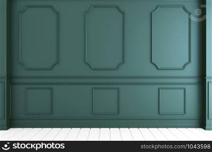 Empty luxury room interior with dark green wall on white wooden floor. 3D rendering