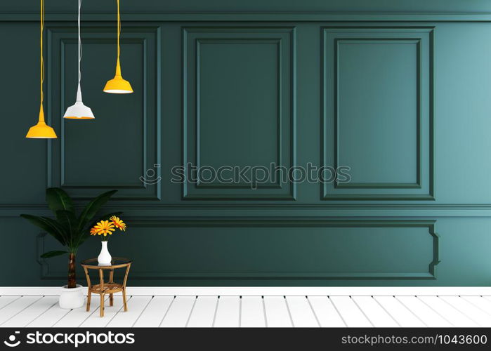 Empty luxury room interior with dark green wall on white wooden floor. 3D rendering