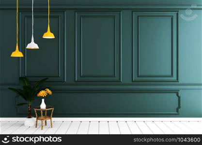 Empty luxury room interior with dark green wall on white wooden floor. 3D rendering
