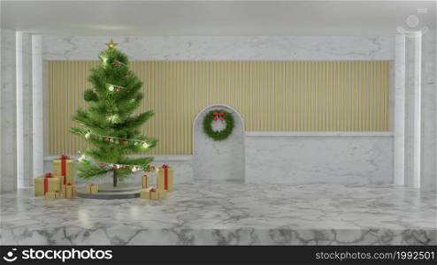 Empty marble floor and post room with Christmas tree decorated with ornaments among the present gift boxes to celebrate festive holidays 3D rendering illustration