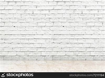 empty marble floor and white brick wall in background. product display template.