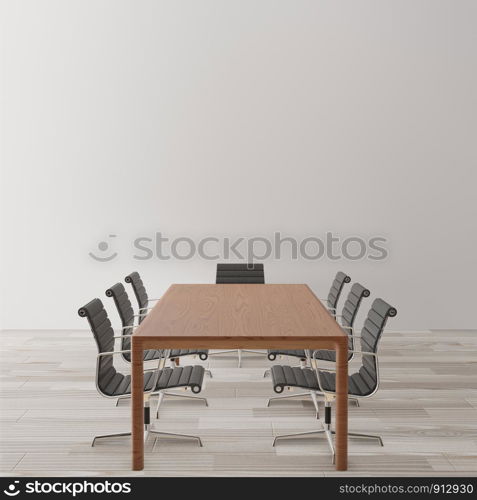 Empty meeting room with chairs, wooden table ,wooden floor ,concrete wall ,copy space for mock up,3d rendering