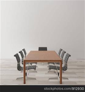 Empty meeting room with chairs, wooden table ,wooden floor ,concrete wall ,copy space for mock up,3d rendering