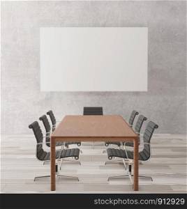 Empty meeting room with chairs, wooden table ,wooden floor ,concrete wall ,poster for mock up,3d rendering