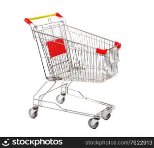 Empty Metal Retail Purchases Shopping Cart from the Supermarket on Four Wheels at the White Background