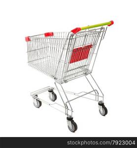Empty Metal Retail Purchases Shopping Cart from the Supermarket on Four Wheels at the White Background
