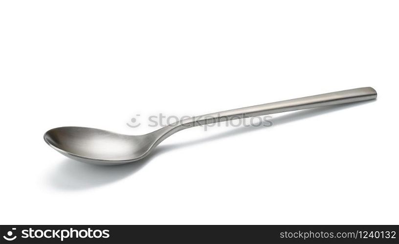 empty metal spoon on a white isolated background. Brushed steel texture