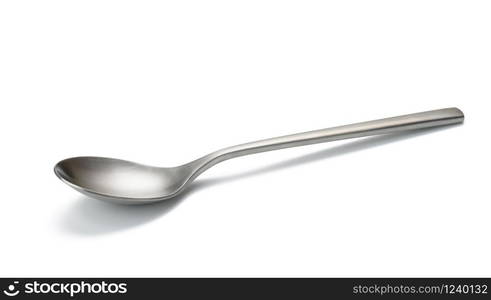 empty metal spoon on a white isolated background. Brushed steel texture