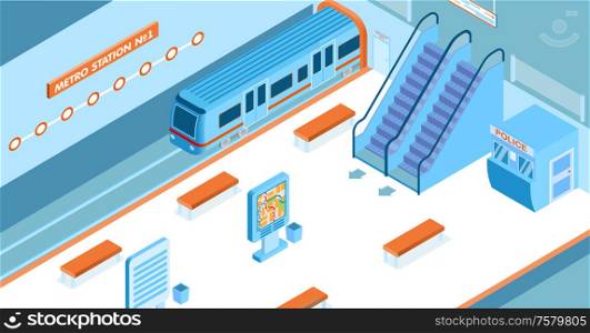 Empty metro station with arriving train escalators police booth map 3d isometric vector illustration