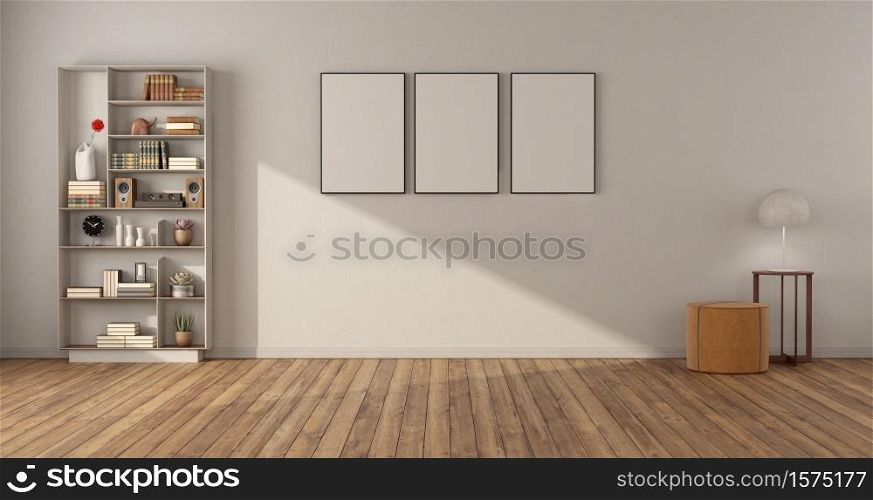Empty minimalist living room with bookcase hardwwod floor and white wall - 3d rendering. Minimalist living room with bookcase