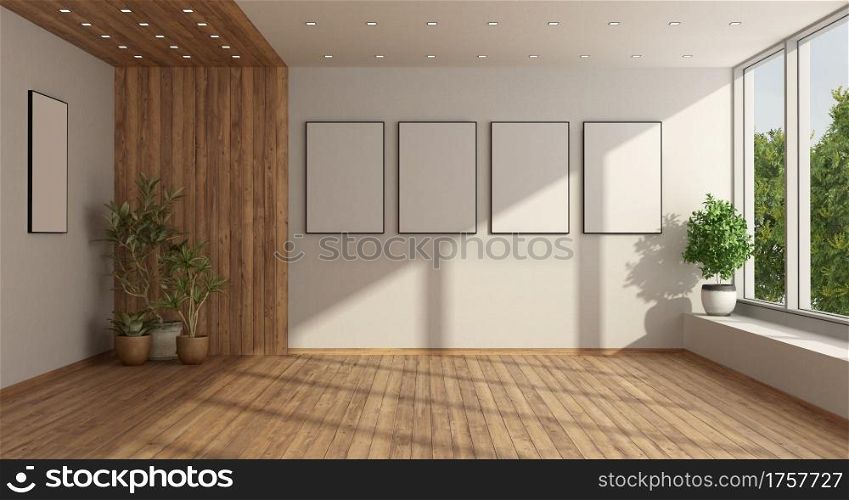 Empty minimalist living room with large window and houseplant on harwood floor - 3d rendering. Empty minimalist living room with large window