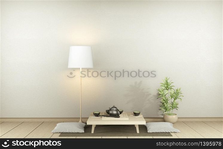 Empty Minimalist modern zen living room with wood floor and decor japanese style.3d rendering