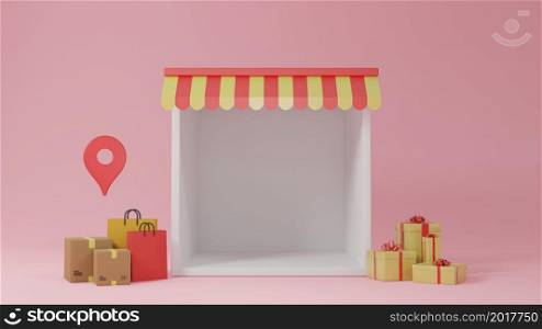 Empty mock up display kiosk shopping store front box with striped awning product exhibition showcase booth with cardboard parcel boxes and shopping bags and location tracking for advertising 3D rendering illustration