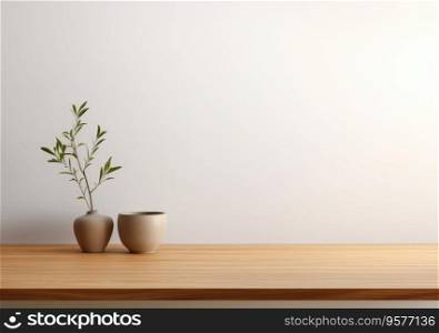 empty mockup space on a wooden tab≤top against a plants on pot, minimal wooden living room as a background.