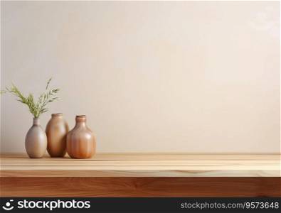 empty mockup space on a wooden tabletop against a plants on pot, minimal wooden living room as a background.