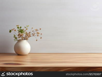 empty mockup space on a wooden tabletop against a plants on pot, minimal wooden living room as a background.