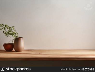 empty mockup space on a wooden tabletop against a plants on pot, minimal wooden living room as a background.