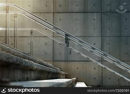 Empty Modern Cement Staircase in City with Morning Sun Light. Urban Background. Selective Focus, Side View
