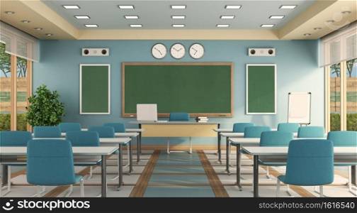 Empty modern classrom with teacher desk , school desk and blackboard - 3d rendering. Colorful classrom without student