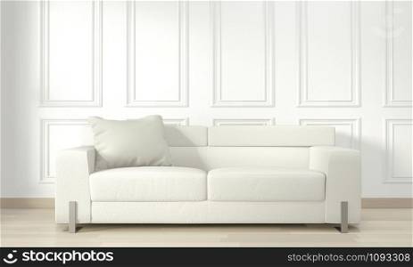 Empty modern contemporary room and design wall with molding, sofa armchair and decoration plants.3D rendering