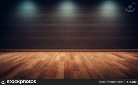 Empty Modern Interior Room with Clear Dark Wall and Wood Floor at Night. Generative ai. High quality illustration. Empty Modern Interior Room with Clear Dark Wall and Wood Floor at Night. Generative ai