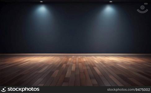 Empty Modern Interior Room with Clear Dark Wall and Wood Floor at Night. Generative ai. High quality illustration. Empty Modern Interior Room with Clear Dark Wall and Wood Floor at Night. Generative ai