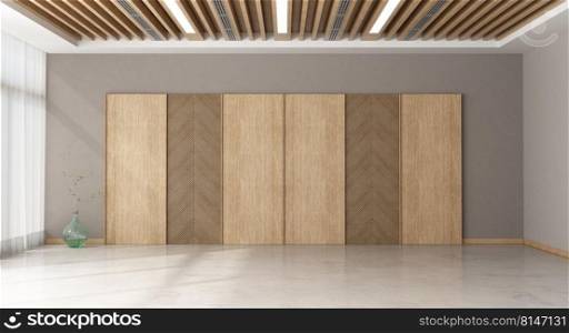 Empty modern living room with wooden panel on background and roof beams with led light - 3d rendering. Empty large room with wooden panel on background
