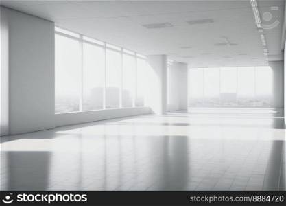 Empty modern office background . Workspace interior design white color . Clean and bright office gallery background. Peculiar AI generative image.. Empty modern office background . Workspace interior design white color .