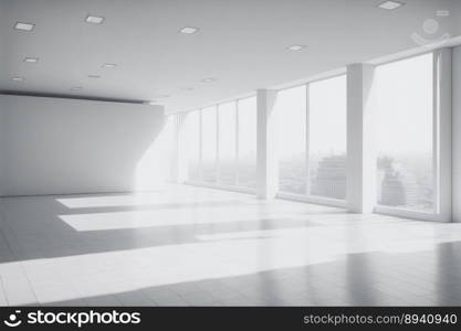 Empty modern office background . Workspace interior design white color . Clean and bright office gallery background. Peculiar AI generative image.. Empty modern office background . Workspace interior design white color .